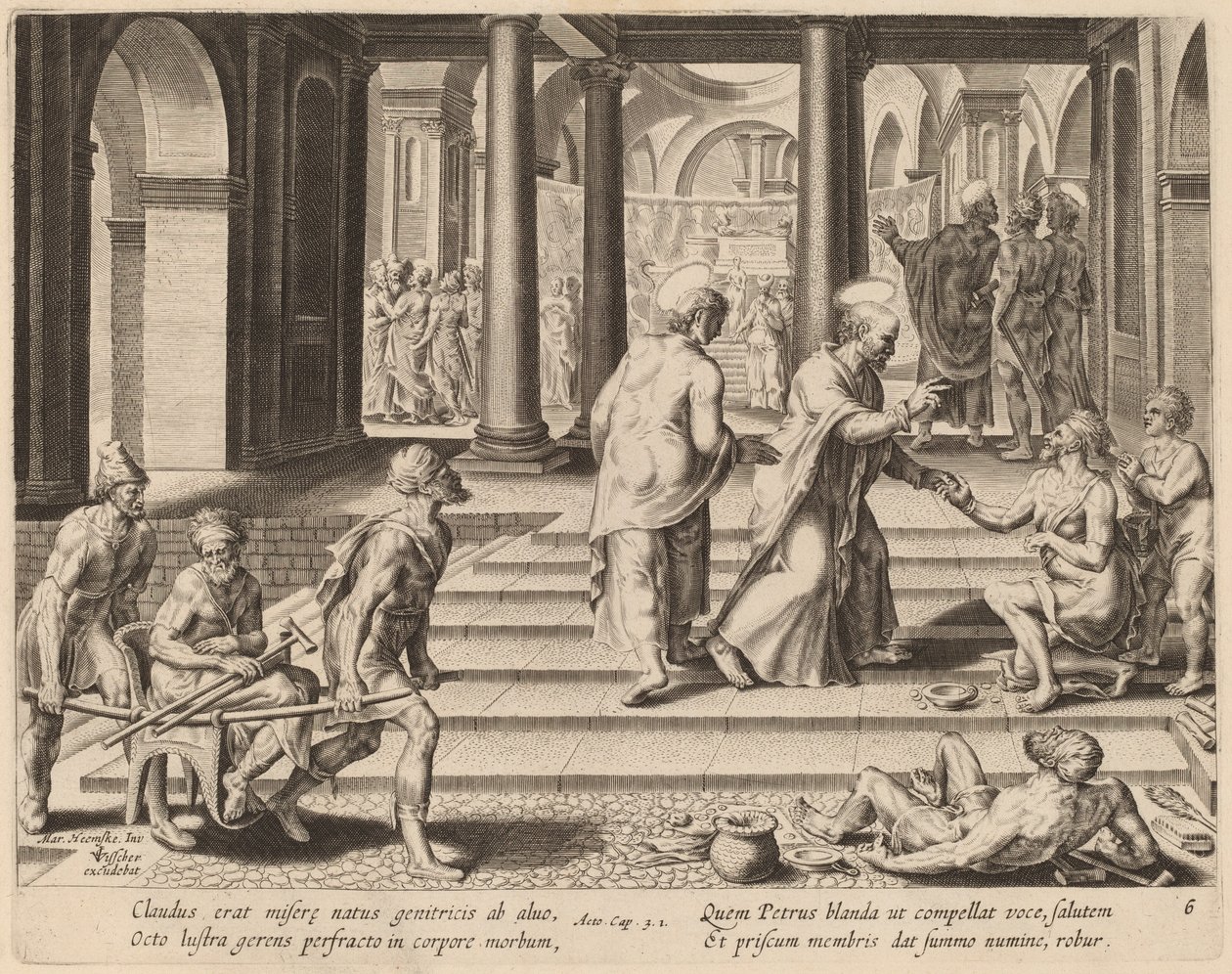 Szent Péter és János meggyógyít egy rokkantot a templom kapujában alkotó: Philip Galle after Maerten van Heemskerck