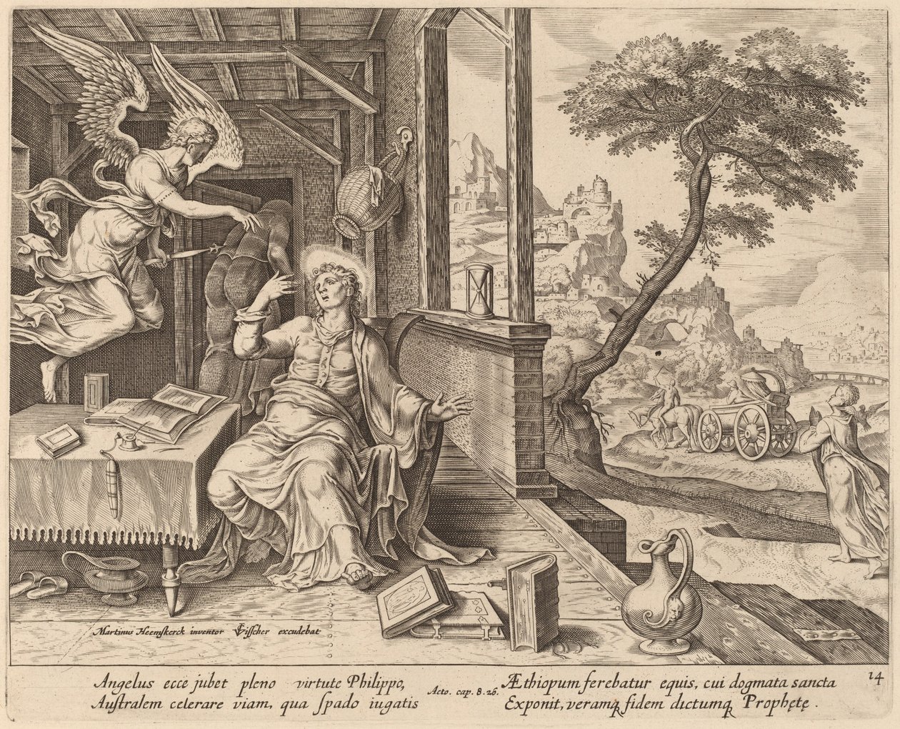 Az angyal megparancsolja Szent Fülöpnek, hogy kísérje el az etióp eunuchot alkotó: Philip Galle after Maerten van Heemskerck