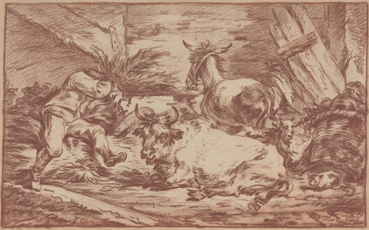Állatok az istállóban (vörös kréta, papírra) alkotó: Philip James de (1740-1812) Loutherbourg