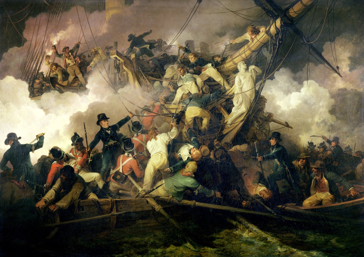 A francia Corvette kivágása, „La Chevrette”, 1801. július 21. (olaj, vászon) alkotó: Philip James de Loutherbourg