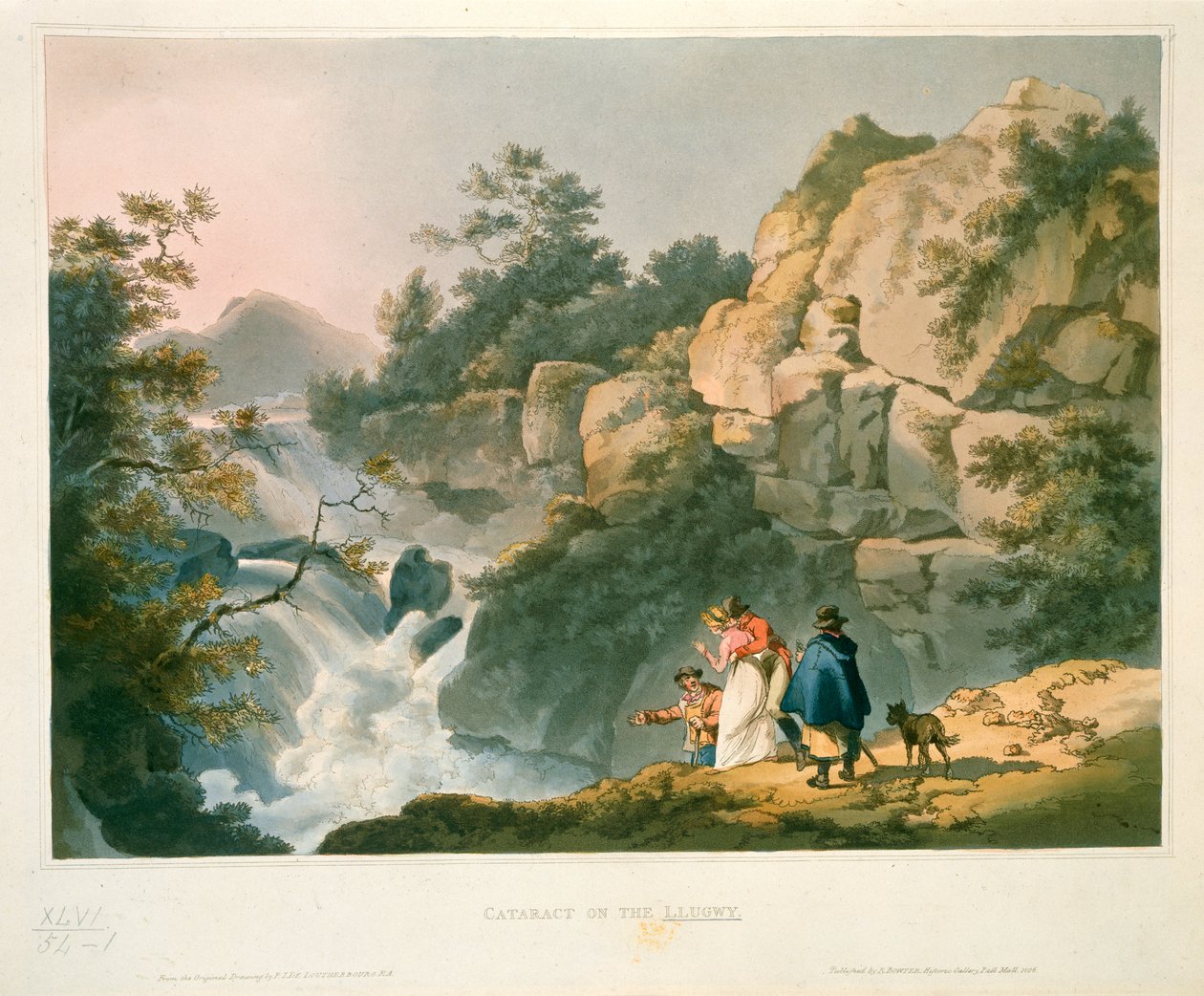 Turisták néznek egy vízesést, szürkehályogot a Llugwy-n alkotó: Philip James de Loutherbourg