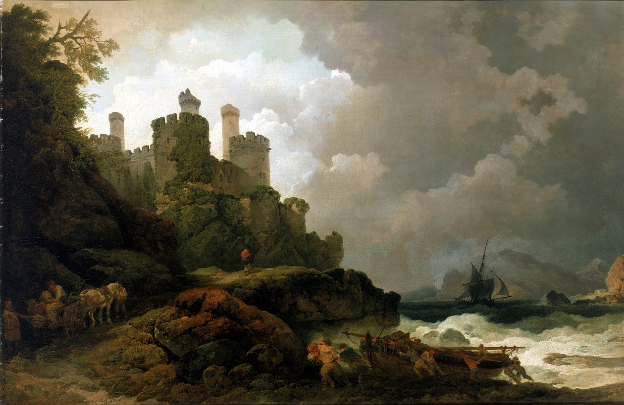 Egy partra vetett halászhajó a Conwy-kastély közelében (Wales). Olaj, vászon, 1800 körül, készítette Philippe-Jacques (Philippe Jacques) de Loutherbourg (1740-1812). alkotó: Philip James de (1740 1812) Loutherbourg
