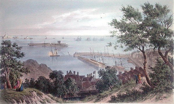 The Royal Squadron at Anchor, 1846. szeptember 2., Viktória királynő Jersey-i látogatásából, metszett H. Walter alkotó: Philip John (after) Ouless