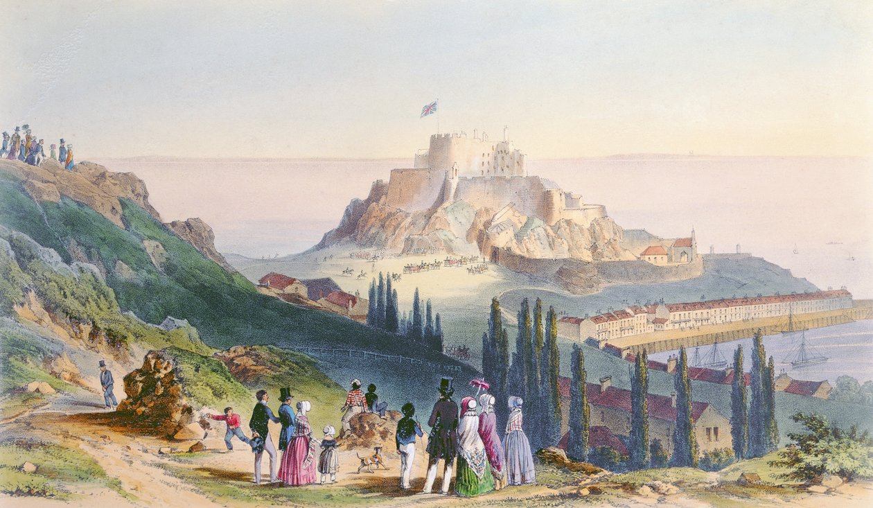 Őfelsége érkezése az Orgueil-hegyre, 1846. szeptember 3., Viktória királynő jersey-i látogatásáról, metszett H. Walter, 1847 alkotó: Philip John Ouless