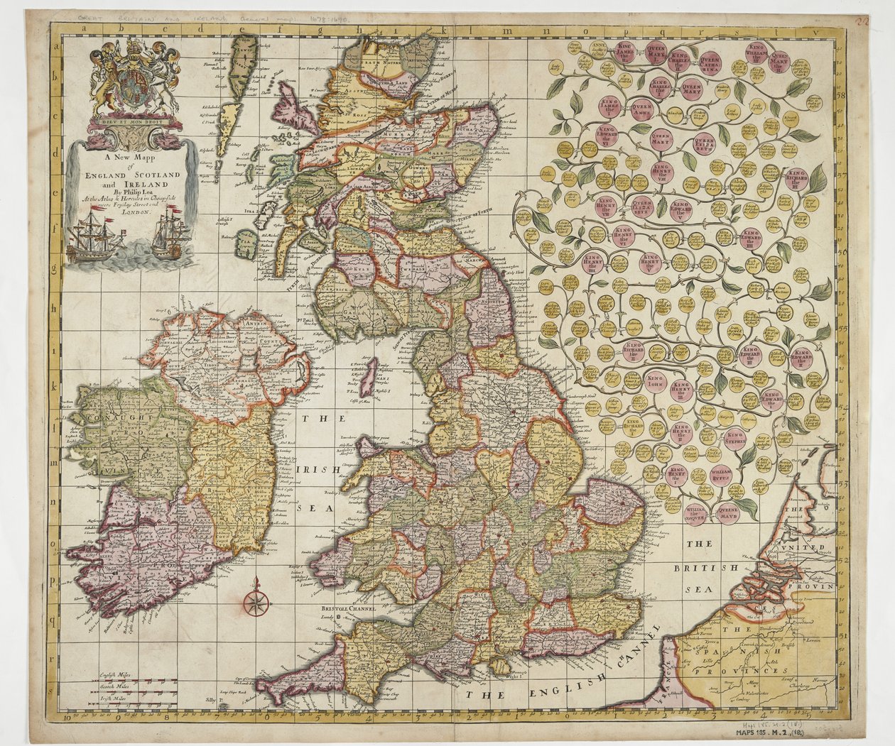Anglia új térképe, Skócia és Írország, 1690 körül (színes metszet) alkotó: Philip Lea