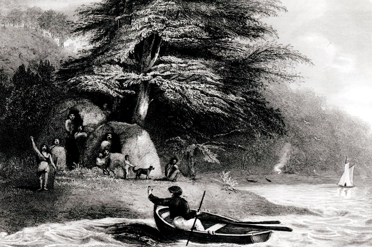 Fuegian Wigwams a Hope Harbourinban, a Magdalen Channelben, S. Bull metszet, 1838 alkotó: Philip Parker King