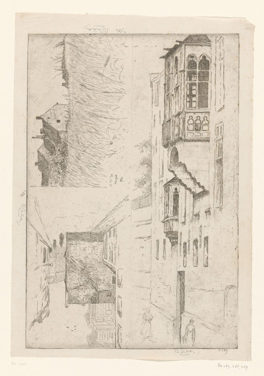 Búzamező házakkal és két kilátással a házakra a városban Blight lyuk; Champ de Blé / Rue Haute / Etude de la bretêche de l