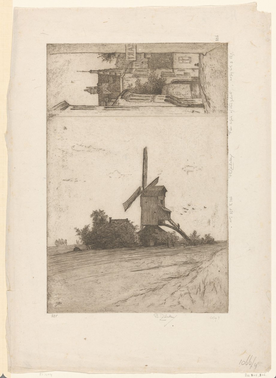 Szélmalom egy réti tájon és kilátással a brüsszeli Ravensteinstraatra Vieux moulin a Laeken / Rue Ravenstein (Bruxelles) (eredeti cím) alkotó: Philip Zilcken (signed by artist)