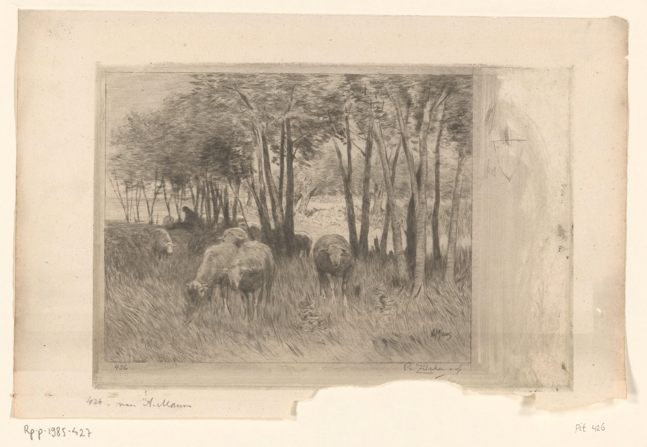 Birkacsorda és pásztor a fákkal tarkított réten Moutons (eredeti cím) alkotó: Philip Zilcken (signed by artist)