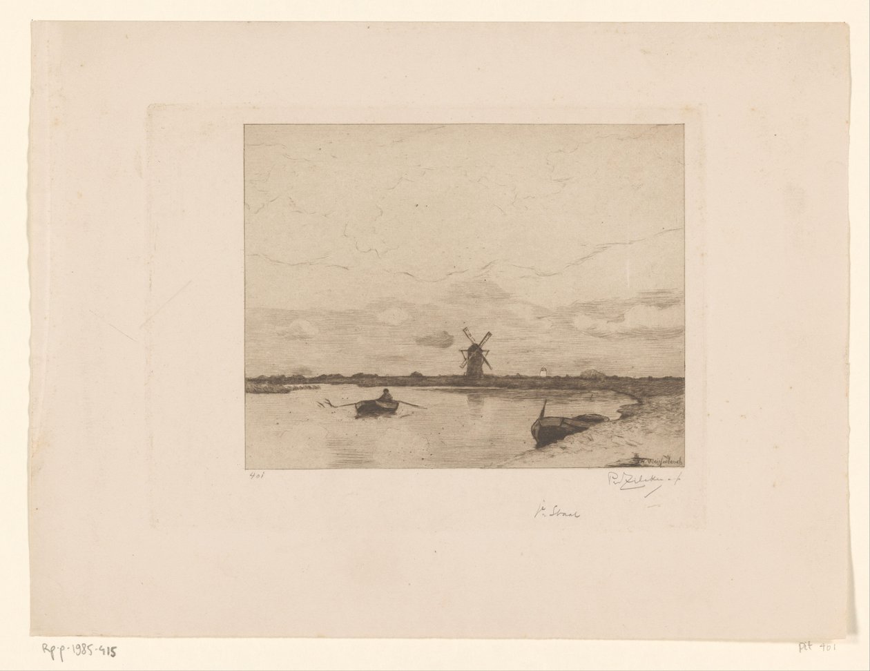Evezős csónakkal vitorlázni malomos réti tájon Paysage (eredeti cím) alkotó: Philip Zilcken (signed by artist)