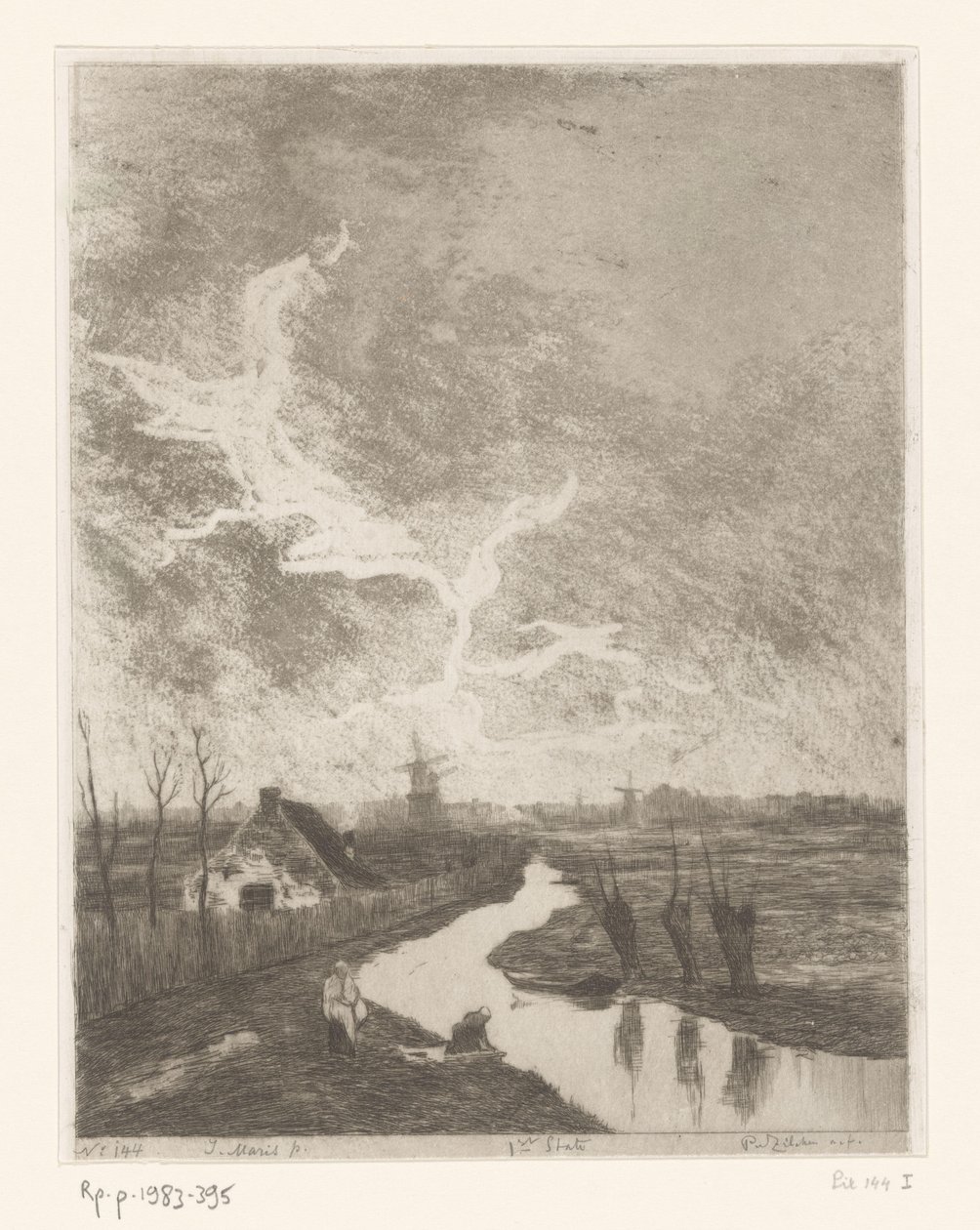 Réti táj árokkal, gazdasággal és szélmalmokkal Environs de La Haye (eredeti cím) alkotó: Philip Zilcken (signed by artist)