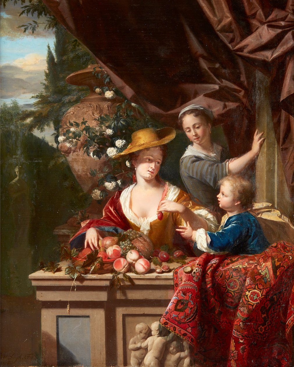 Elegáns figurák a teraszon tál válogatott gyümölccsel (olaj a panelen) alkotó: Philip van Dyck