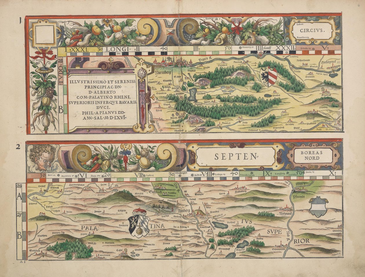 Philipp Apian - bajor országasztalok 1568 -ból (1. és 2. panel) kb. 1 alkotó: Philipp Apian