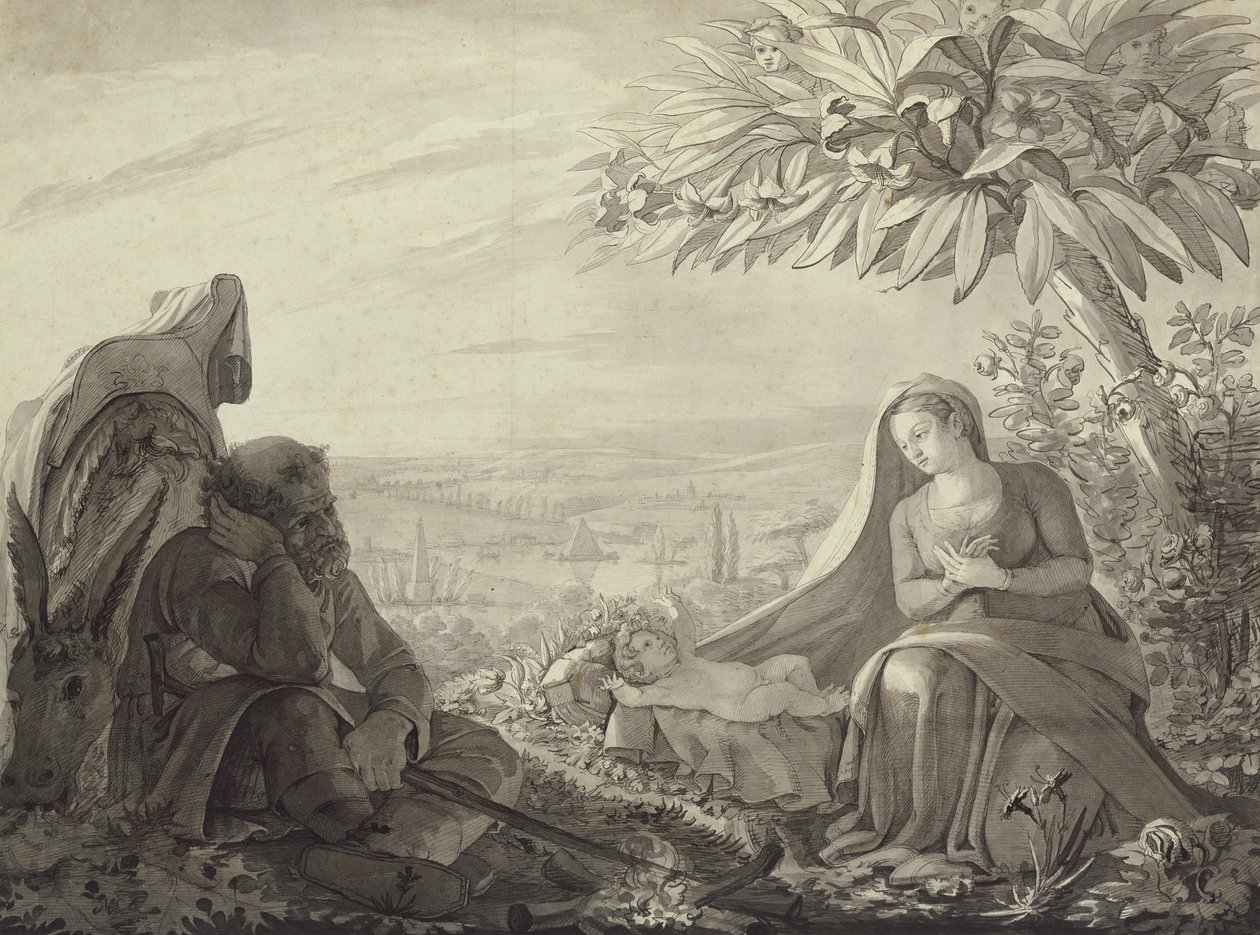 Pihenjen az egyiptomi repülésen, 1805 (toll és tinta, és papíron mossa le) alkotó: Philipp Otto Runge