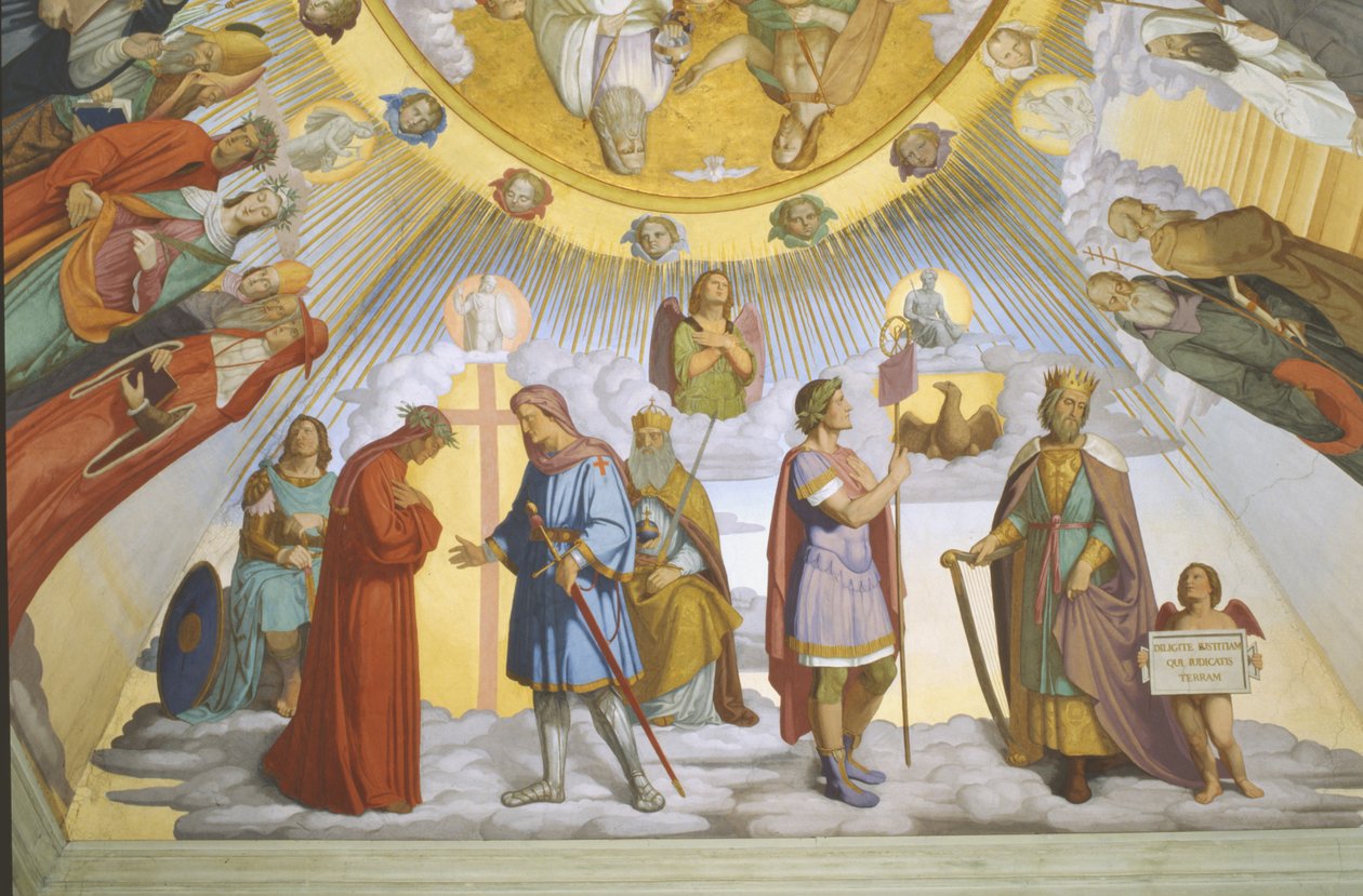 Dante szobájának boltozata, részlet: Dante, Beatrice, Constance császárné, a villanovai Clarissa Piccarda Rómeó és Justinianus császár alkotó: Philipp Veit