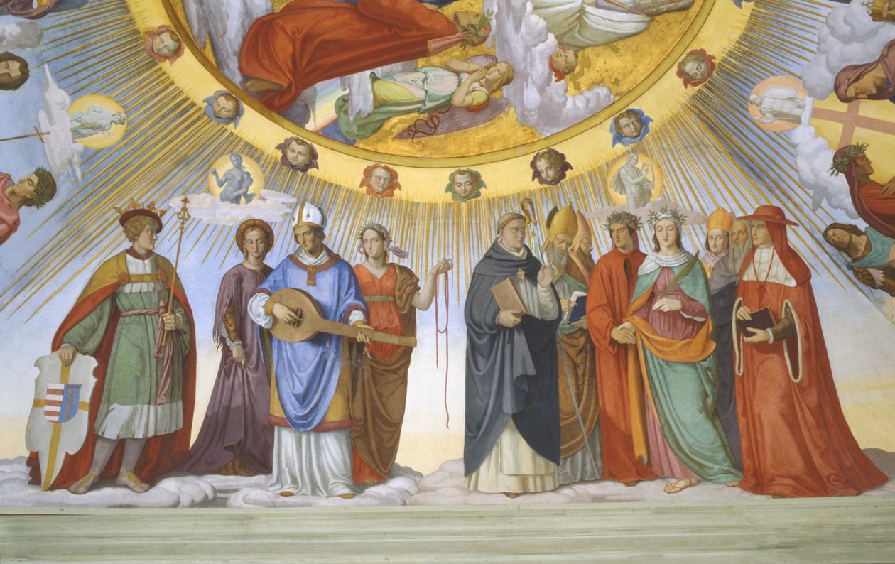 Dante szobájának boltozata, részlet: Dante, Beatrice, Constance császárné, a villanovai Clarissa Piccarda Rómeó és Justinianus császár alkotó: Philipp Veit