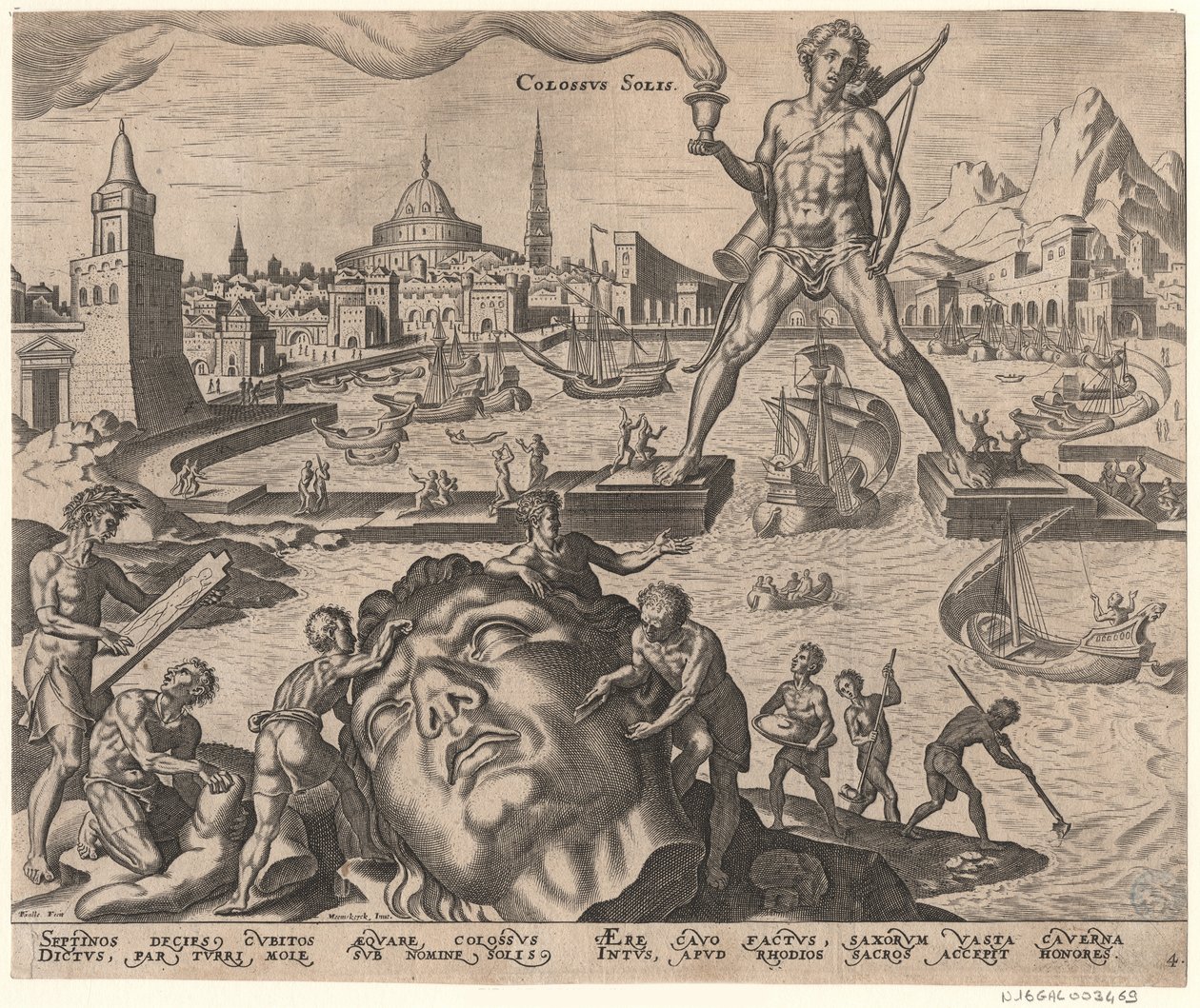 A Rodosz kolosszusa A világ nyolcadik csodája Maarten van Heemskerck után című sorozatból, 1572 alkotó: Philipp Galle