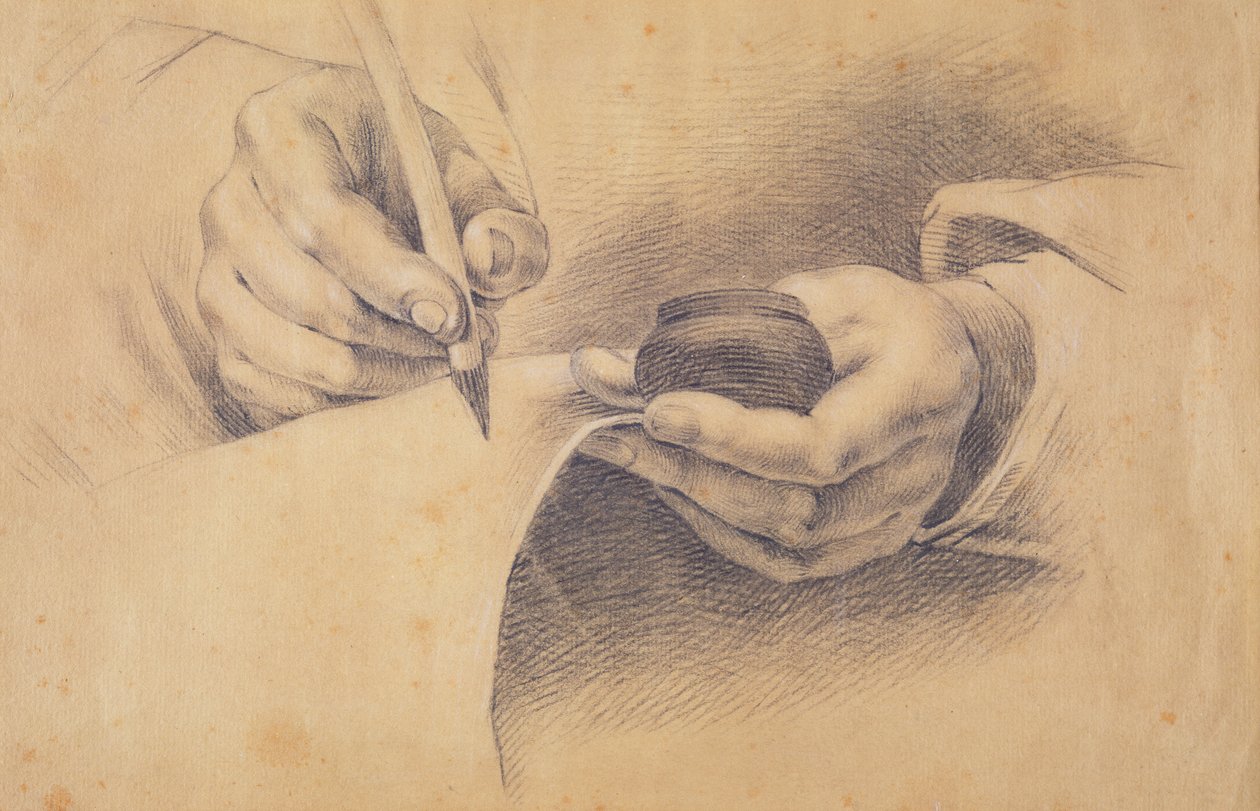 Rajzkezek, 1798 (barna papíron fekete kréta fehérrel kiemelve) alkotó: Philipp Otto Runge