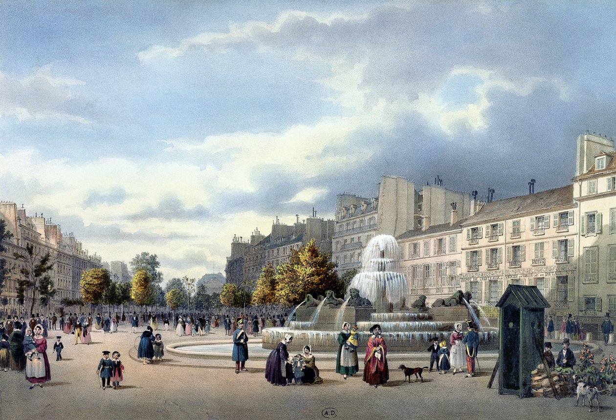 A Boulevard St. Martin szökőkútja, a „Vue de Paris”-ból, 1840 körül alkotó: Philippe Benoist