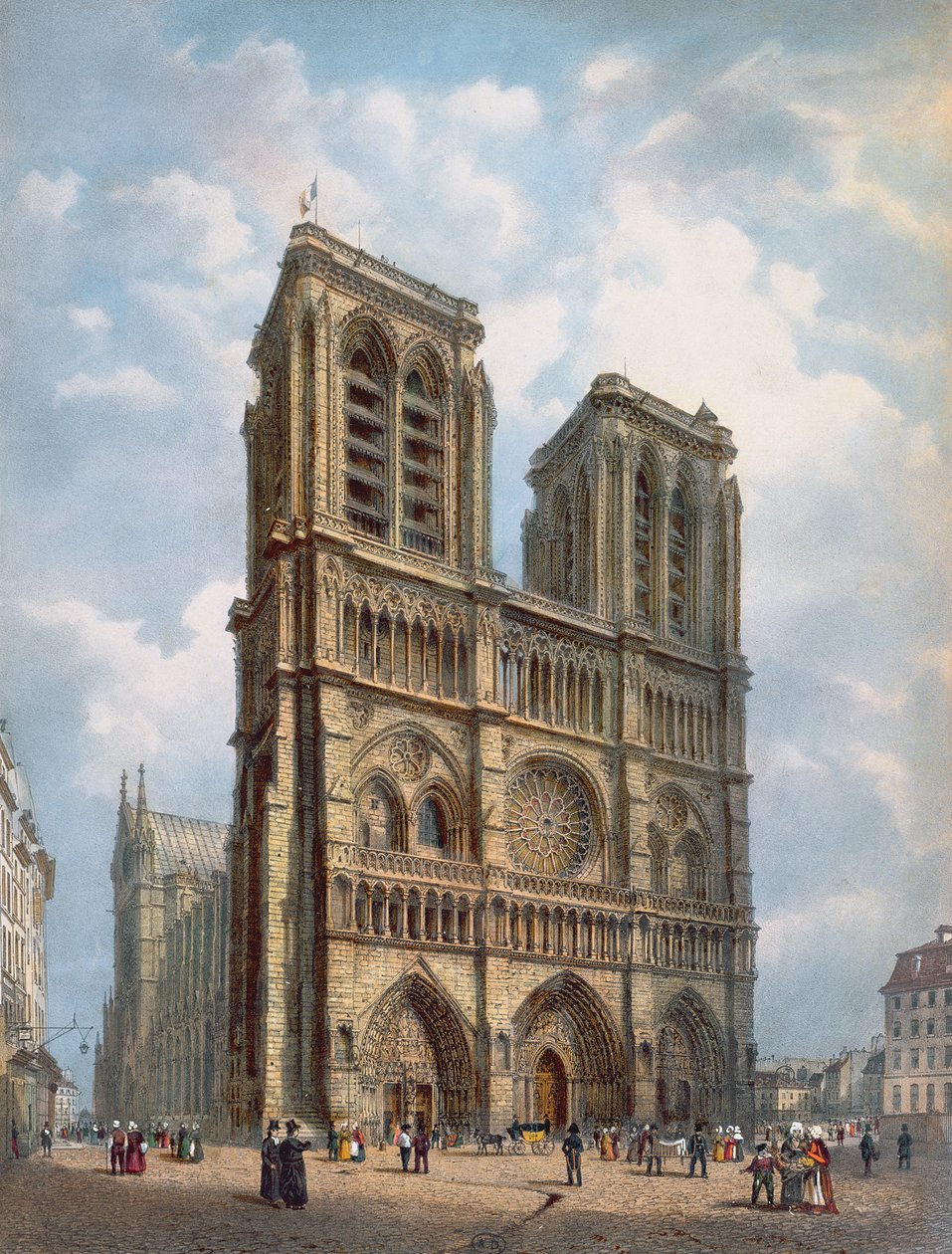 A Notre-Dame székesegyház nyugati homlokzatának látképe, Párizs, 1840 körül. alkotó: Philippe Benoist
