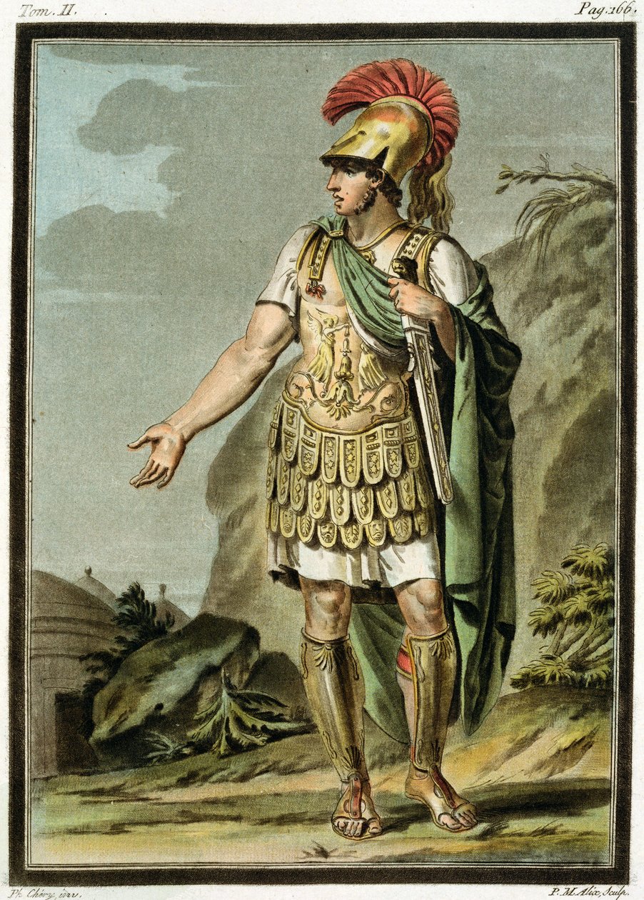 Achilles in Armour, jelmez Jean Racine „Iphigenia in Aulis” című művéhez, a „Research on the Costumes and Theatre of All Nations” II. kötetéből, metszett Pierre Michel Alix (1762-1817) 1802 (színes) alkotó: Philippe Chery