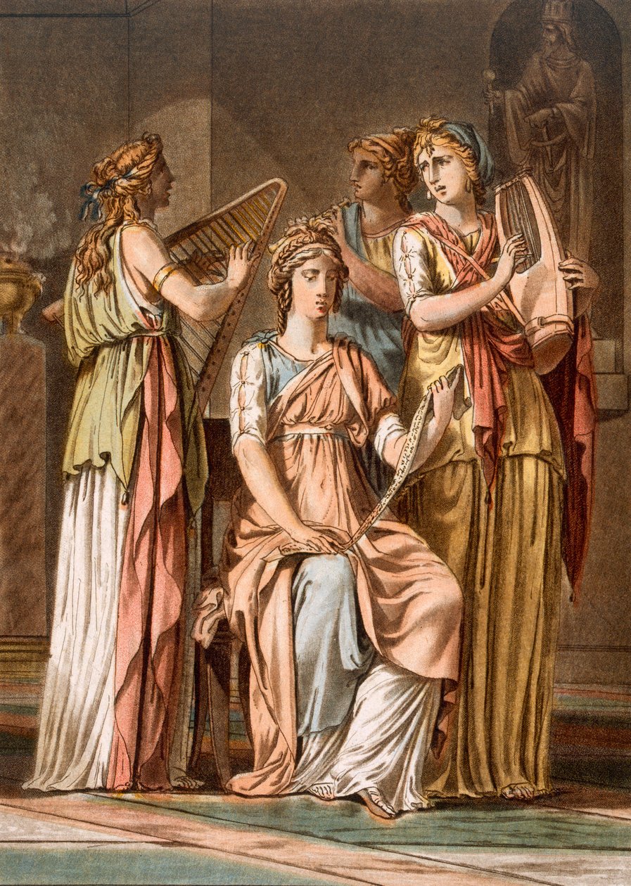 Izraelita nők kórusa, jelmezek Jean Racine „Eszter” című művéhez, a „Research on the Costumes and Theatre of All Nations” I. kötetéből, vésett Pierre Michel Alix (1762-1817) 1802 (színes engra) alkotó: Philippe Chery