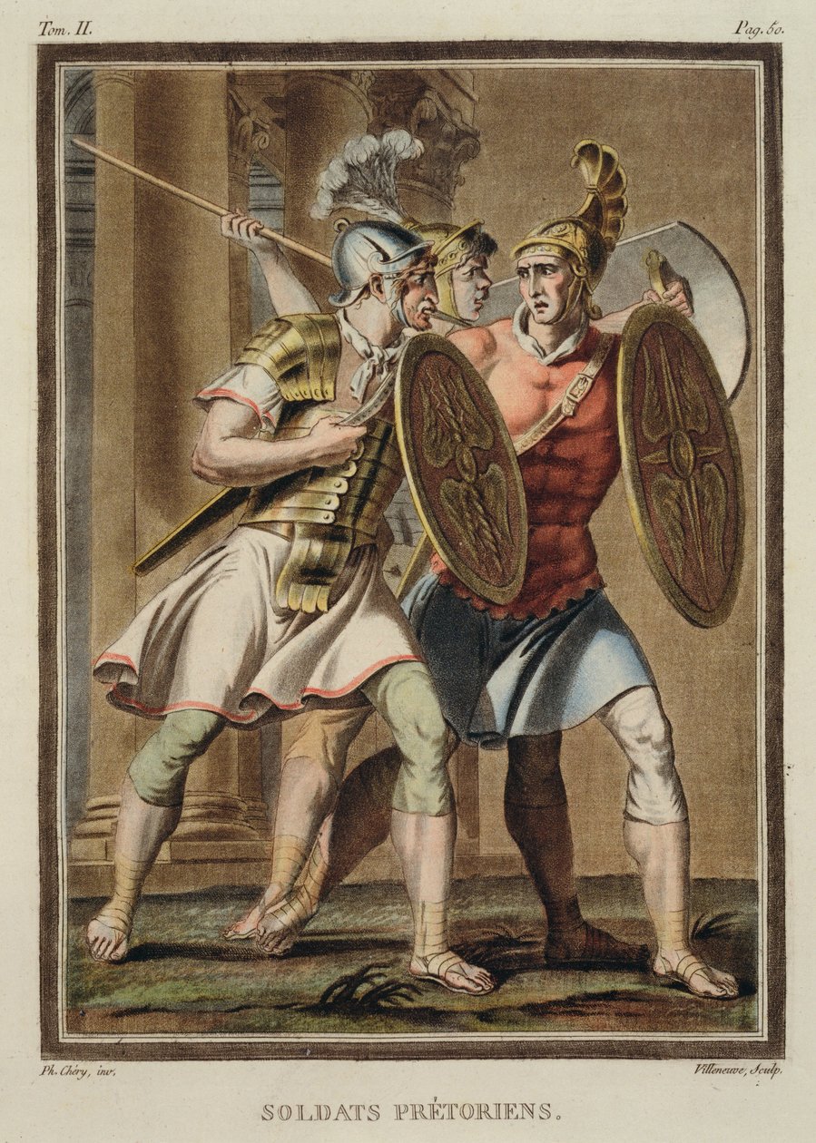 A pretoriánus gárda katonái, Jean Racine "Britannicus" című művének jelmezei, a "Minden nemzetek jelmezeiről és színházáról szóló kutatás" II. kötetéből, Villeneuve metszete, 1802. alkotó: Philippe Chery