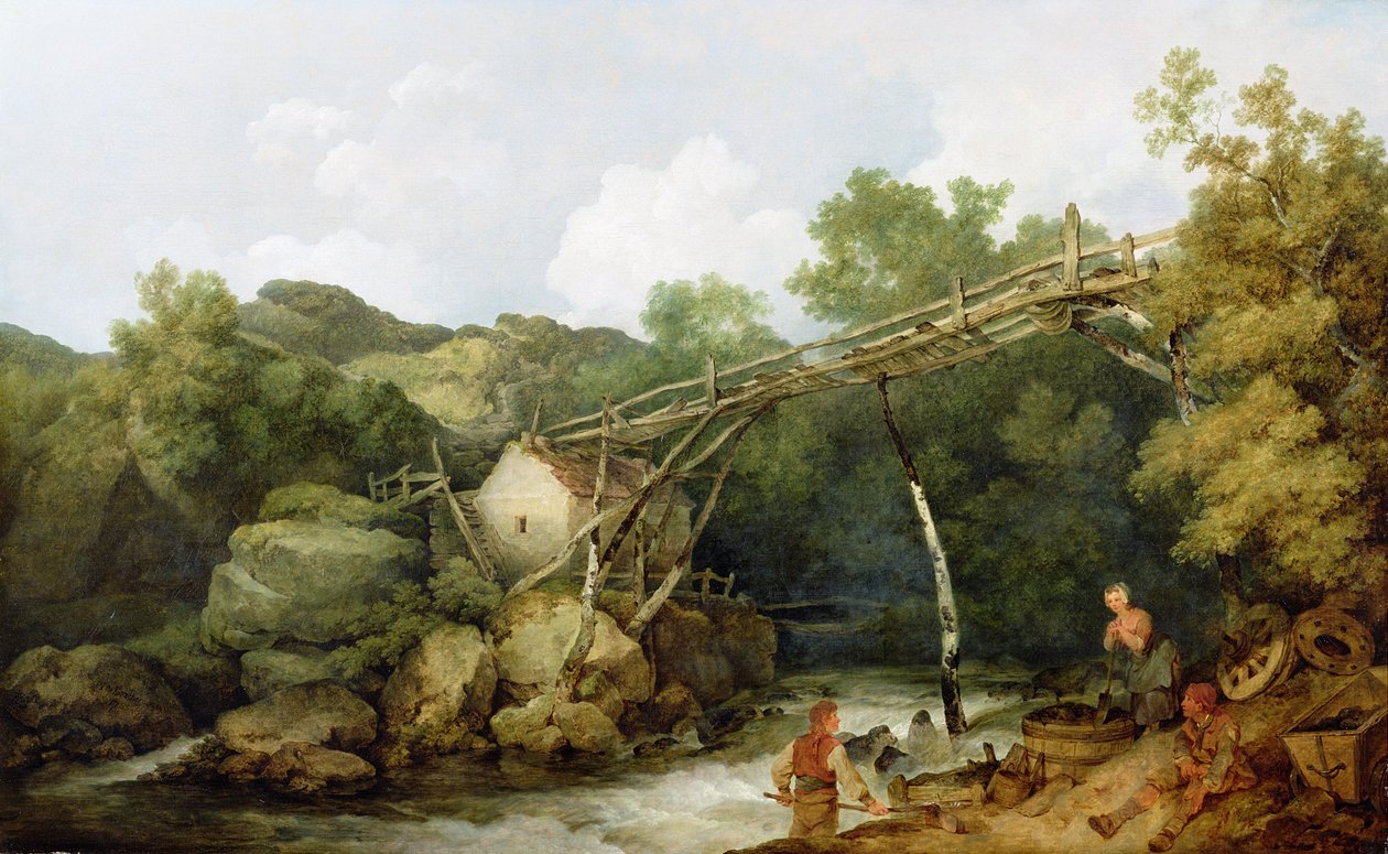 Kilátás Matlock közelében, Derbyshire, fa szállítószalag alatt dolgozó figurákkal, 1785 alkotó: Philippe Jacques de Loutherbourg