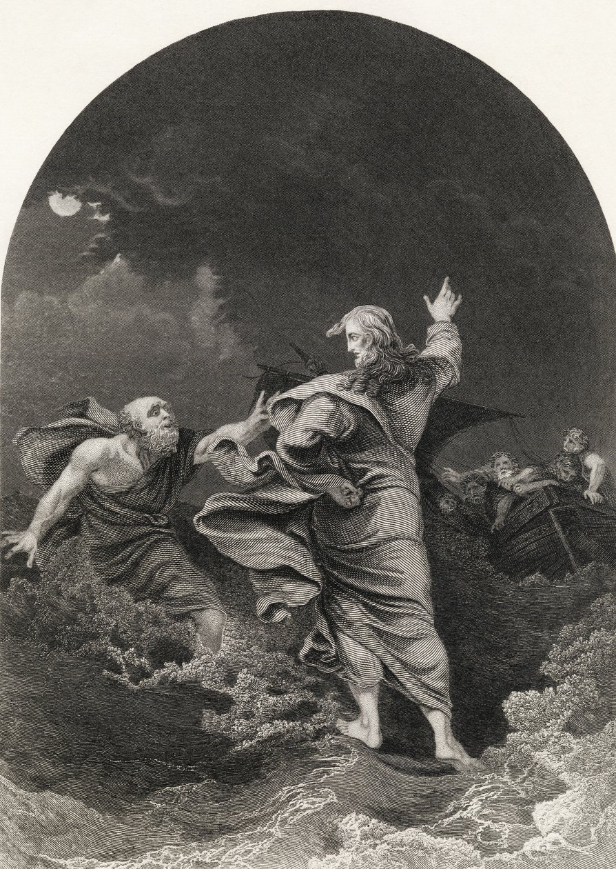 Krisztus séta a tengeren, S. Allen metszete a "The National Illustrated Family Bible"-ből, megjelent 1870 körül alkotó: Philippe Jacques de Loutherbourg