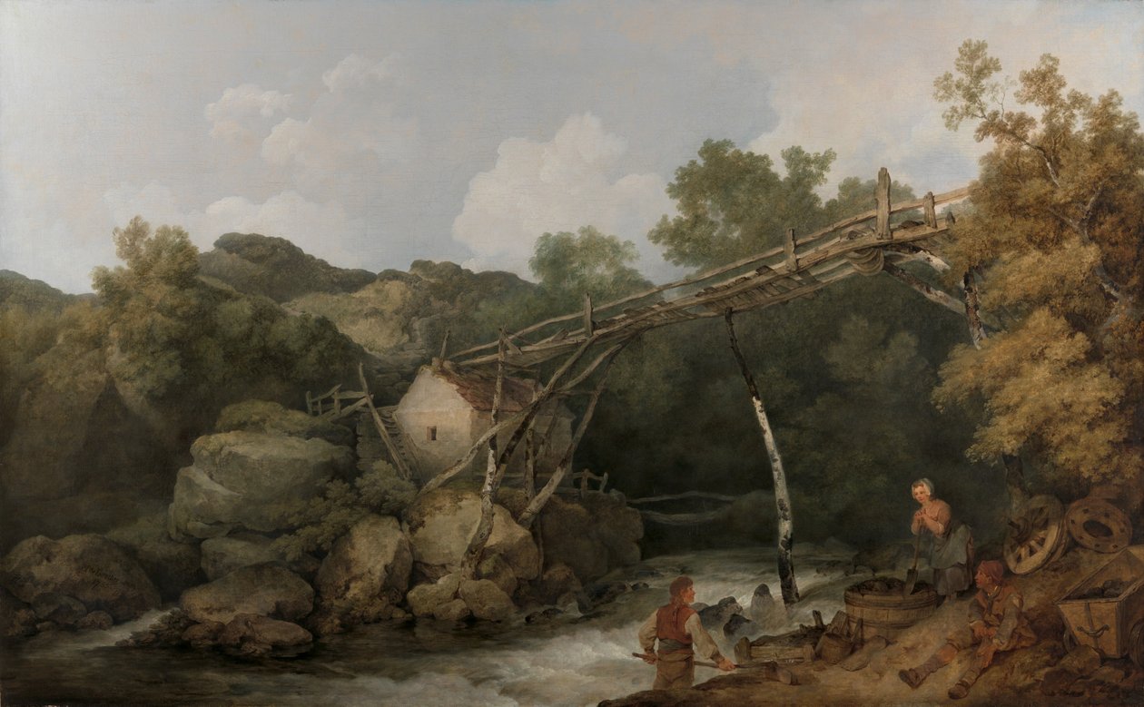 Kilátás Matlock közelében, Derbyshire államban, egy fából készült szállítószalag alatt dolgozó figurákkal alkotó: Philippe-Jacques de Loutherbourg