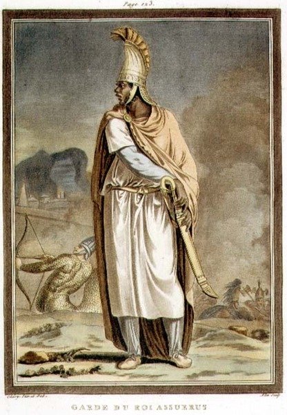 Ahasvérus király gárdája, Jean Racine „Eszter” jelmeze a „Minden nemzetek jelmezei és színháza kutatása” I. kötetéből, vésett Pierre Michel Alix (1762-1817) 1802 (színes metszet) alkotó: Philippe (after) Chery