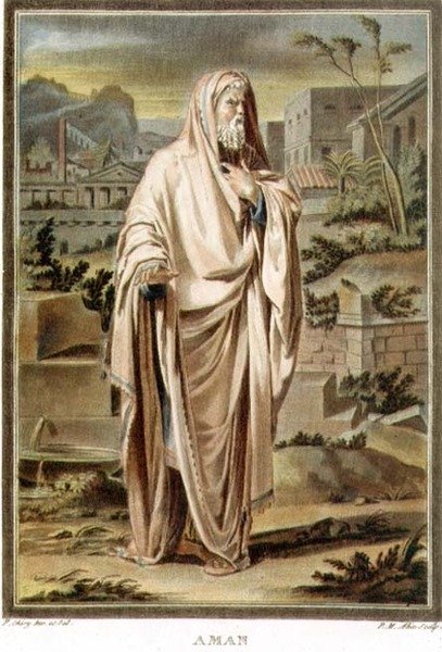 Aman, jelmez Jean Racine "Eszter" című művéhez, a "Minden nemzetek jelmezei és színháza" című kötet I. kötetéből, metszet: Pierre Michel Alix (1762-1817) 1802 (színes metszet). alkotó: Philippe (after) Chery