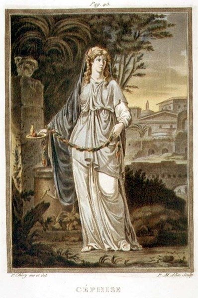 Cephise, Jean Racine „Andromache”-jának jelmeze a „Research on the Costumes and Theatre of All Nations” I. kötetéből, vésette Pierre Michel Alix (1762-1817) 1802 (színes metszet) alkotó: Philippe (after) Chery