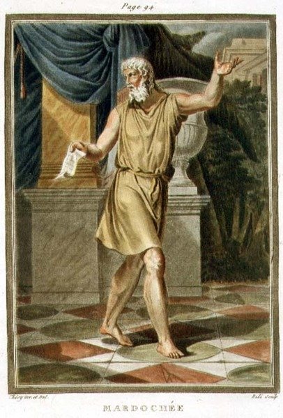 Mordecai, Jean Racine „Eszter”-ének jelmeze a „Research on the Costumes and Theatre of All Nations” I. kötetéből, Ride metszete alkotó: Philippe (after) Chery
