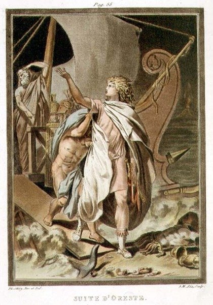 Orestes kísérete, kosztümök Jean Racine „Andromache”-jához, a „Research on the Costumes and Theatre of All Nations” I. kötetéből, vésette Pierre Michel Alix (1762-1817) 1802 (színes metszet) alkotó: Philippe (after) Chery