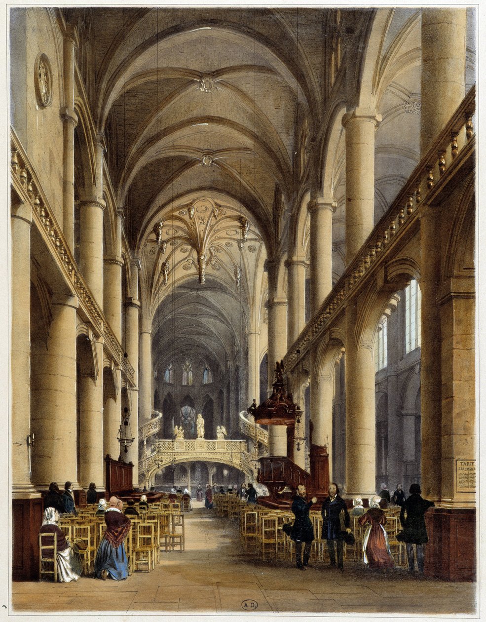 A St Etienne du Mont templom belseje - „” Séta Párizsban és környékén” című részben, Jacottet és Benoist rajzai, szerk. Gihaut testvérek alkotó: Philippe Benoist