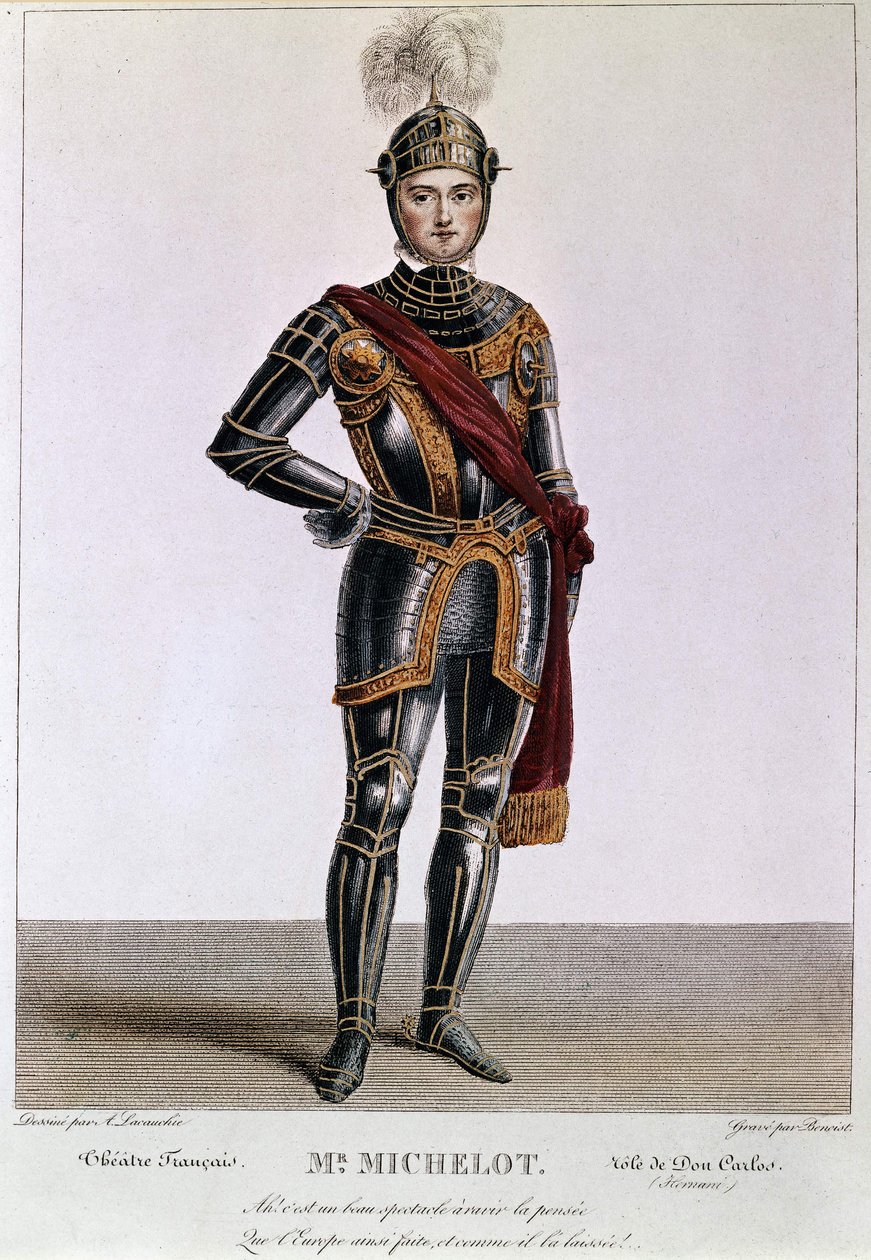 Michelot úr Don Carlos szerepében Victor Hugo Hernanijában. Metszet: Benoist. 19. század. alkotó: Philippe Benoist
