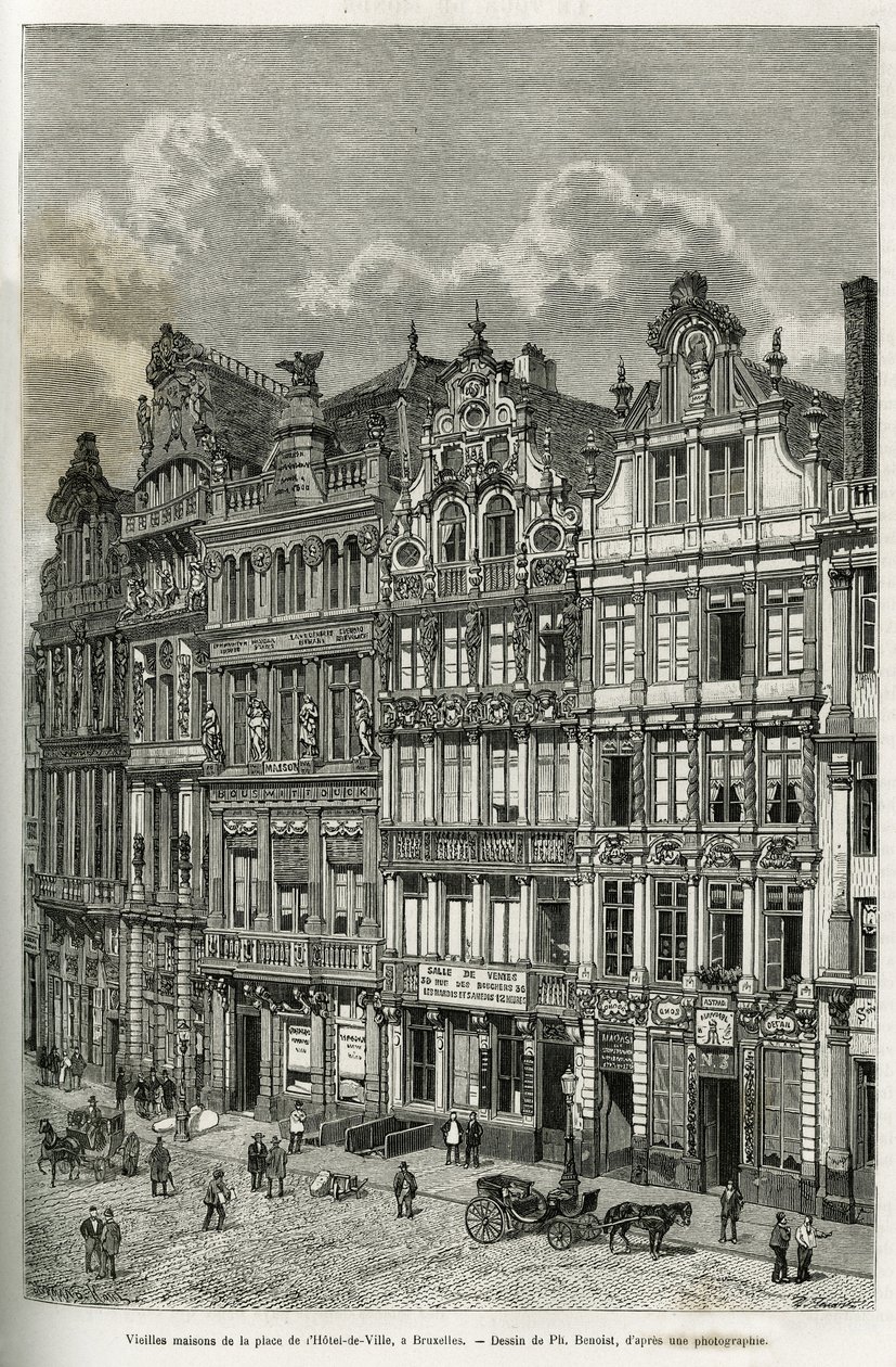 Régi házak a brüsszeli városháza téren. Ph. Benoist metszete, Camille Lemonnier Belgium történetének illusztrálására, megjelent a tour du monde-ban, Edouard Charton (1807-1890) vezetésével, Párizs alkotó: Philippe Benoist