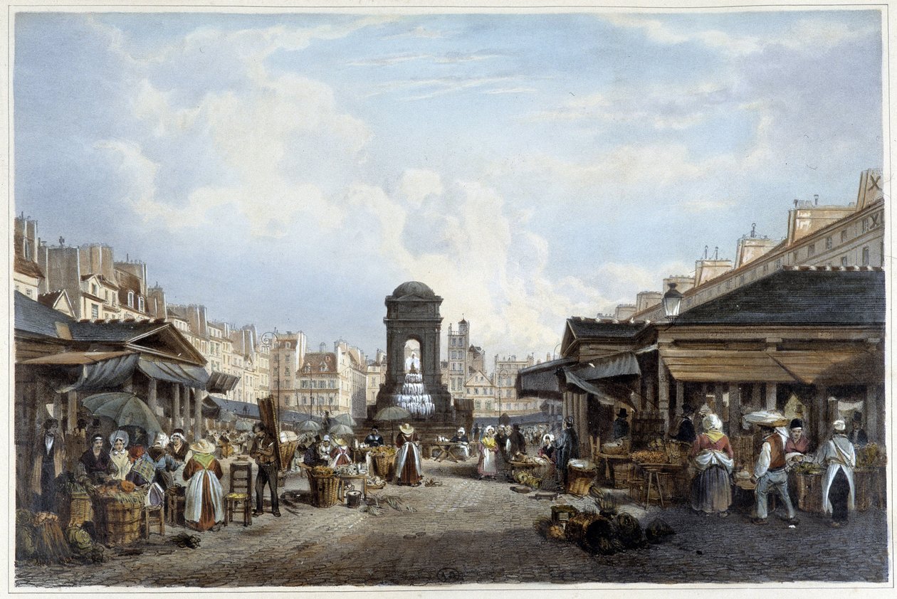 A séta az ártatlanok szökőkútja körül, kb. 1840 - in "" Promenade dans Paris et ses environs"", ill. írta: Jacottet és Benoist, Párizs, 1840. vers alkotó: Philippe Benoist