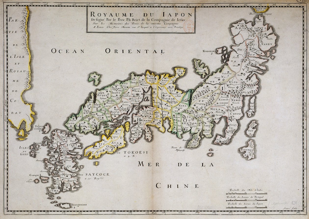 Japán földrajzi térképét Philippe Briet atya, jezsuita és francia tudós (1601-1668) készítette. Párizs, NL alkotó: Philippe Briet