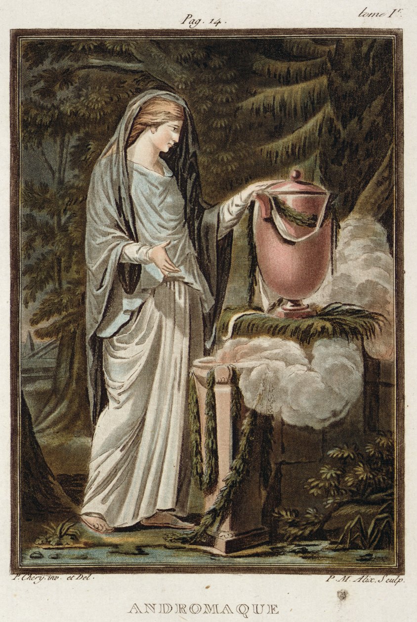 Andromache, Jean Racine "Andromache"-jának jelmeze a "Research on the Costumes and Theatre of All Nations" I. kötetéből, vésette Pierre Michel Alix (1762-1817) 1802 alkotó: Philippe Chery