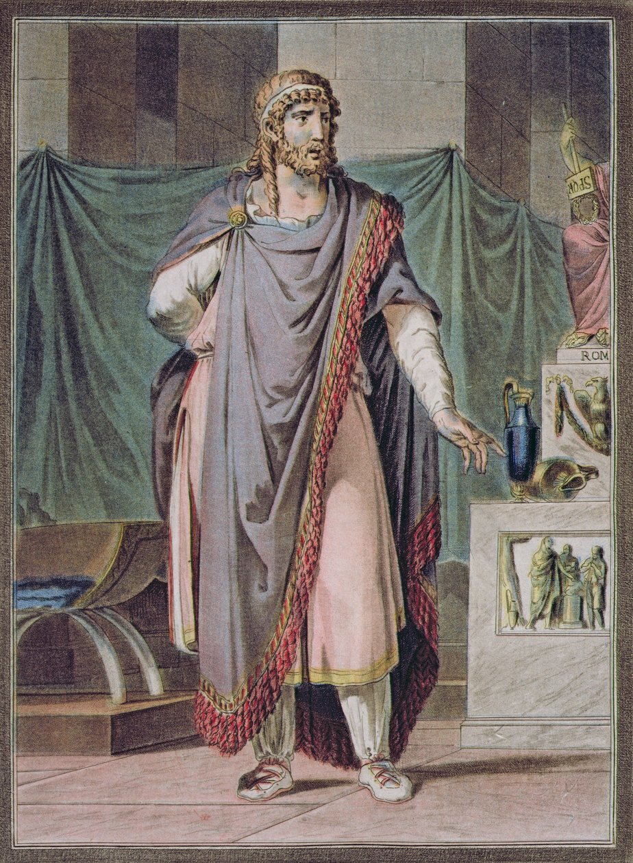 Antiochus, Jean Racine „Berenice”-jének jelmeze a „Research on the Costumes and Theatre of All Nations” II. kötetéből, vésette Pierre Michel Alix (1762-1817) 1802 alkotó: Philippe Chery