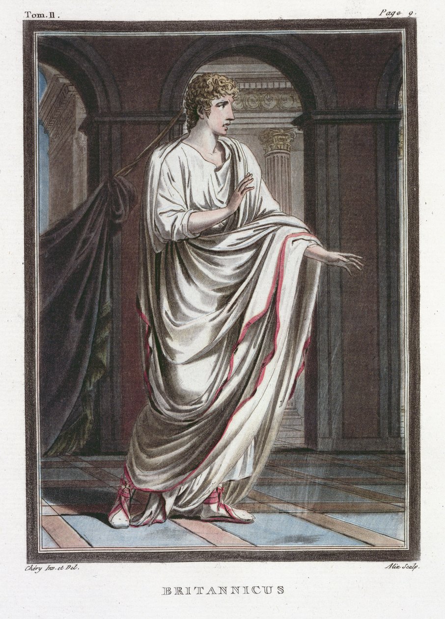 Britannicus, Jean Racine „Britannicus”-jának jelmeze a „Research on the Costumes and Theatre of All Nations” II. kötetéből, vésette Pierre Michel Alix (1762-1817) 1802 alkotó: Philippe Chery