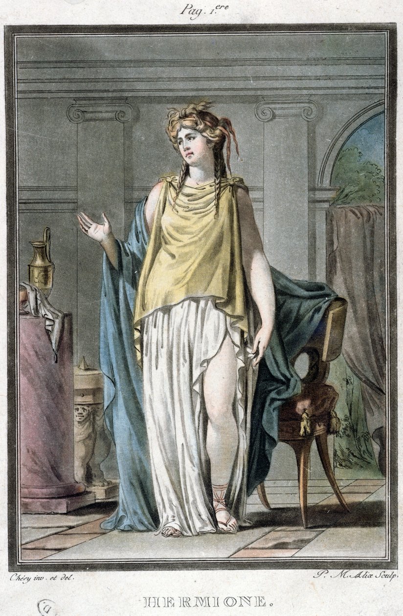Hermione, Jean Racine „Andromaque”-jának jelmeze, „Research on the Costumes and Theatre of All Nations”, vésette Pierre Michel Alix (1762-1817) 1802 alkotó: Philippe Chery
