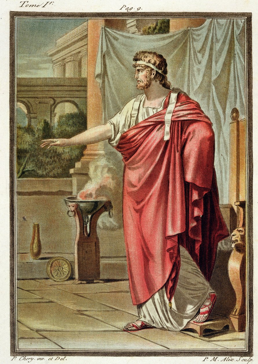 Pyrrhus, Jean Racine „Andromache”-jának jelmeze a „Research on the Costumes and Theatre of All Nations” I. kötetéből, vésette Pierre Michel Alix (1762-1817) 1802 alkotó: Philippe Chery