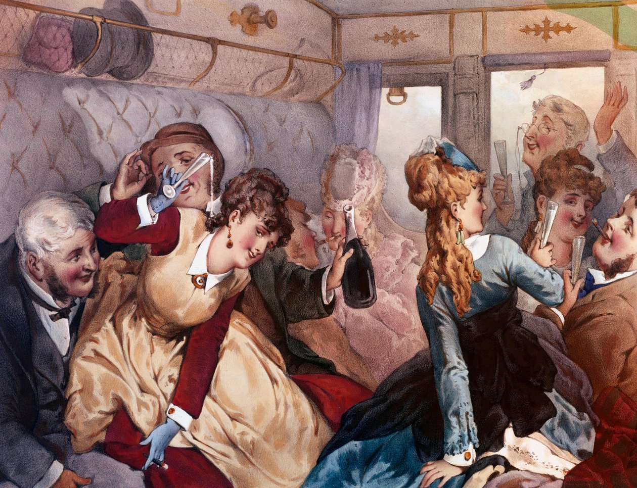 The Pleasure Train Burzsoák egy csoportja iszik és szórakozik egy vagonban. Philippe Jacques Linder litográfiája alkotó: Philippe Jacques Linder