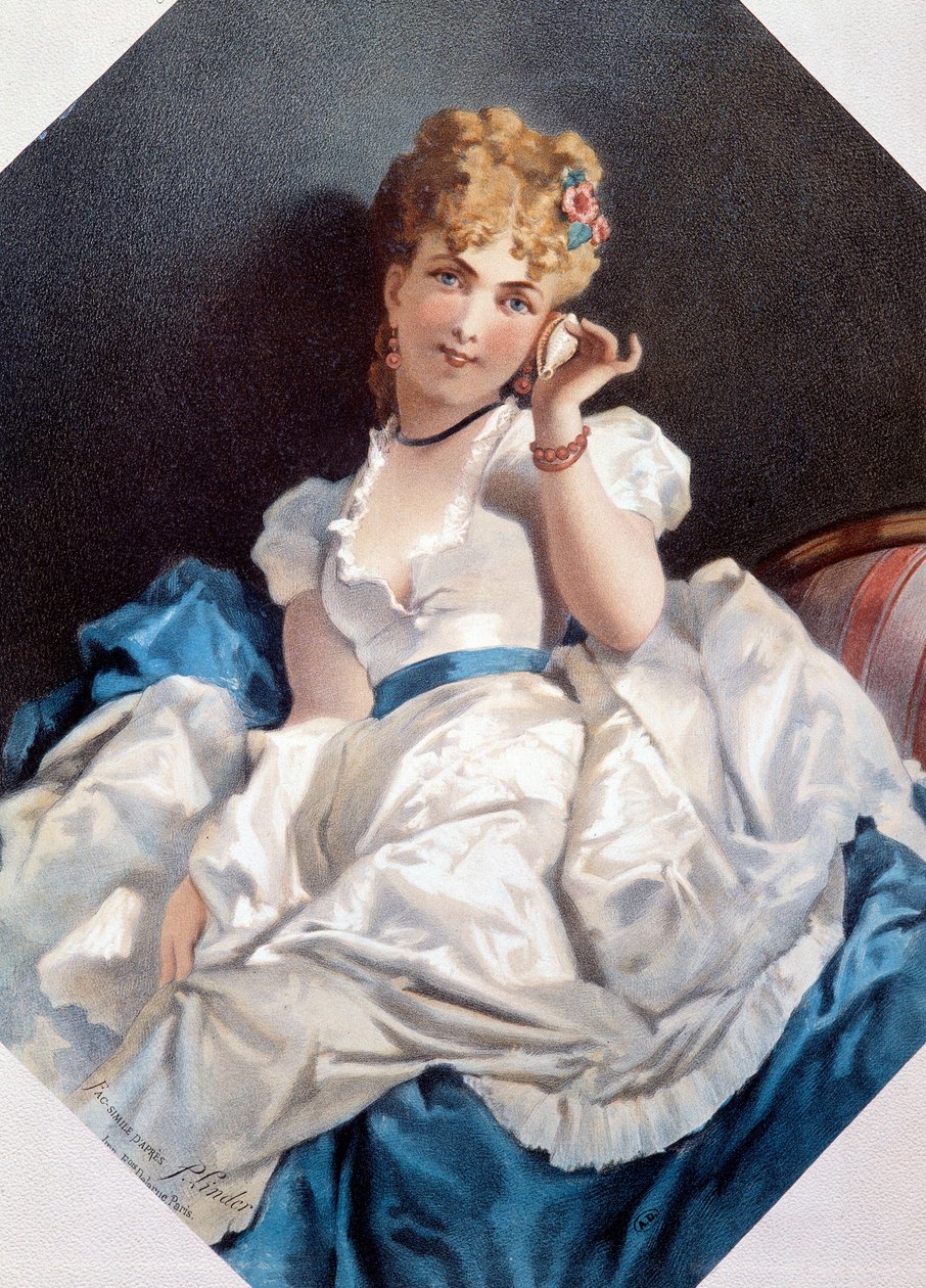 Philippe Jacques Linder (1835-?) A kagylóban lévő nő litográfiája. 19. századi magángyűjtemény alkotó: Philippe Jacques Linder