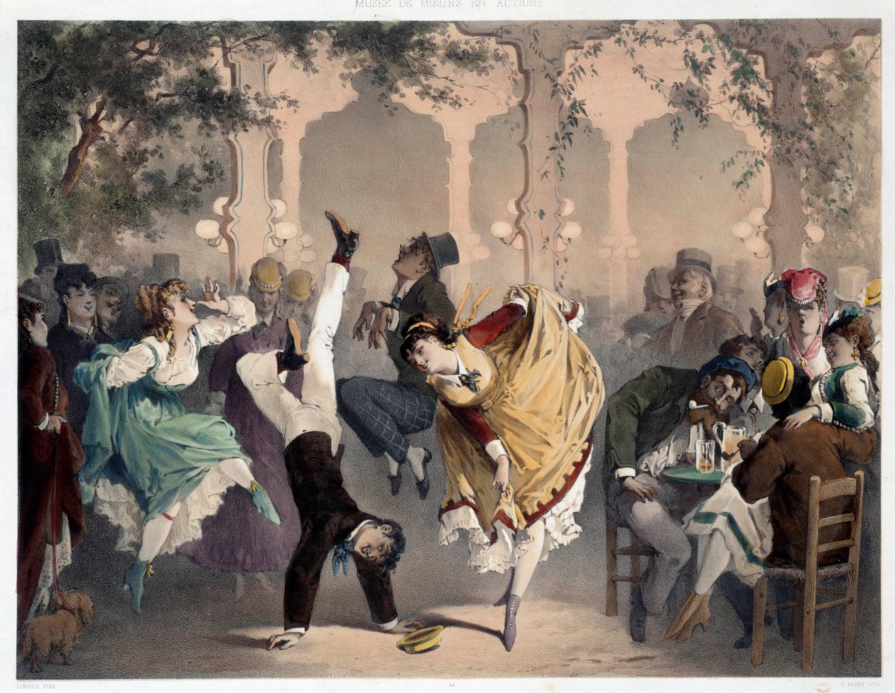 A rácson a Bullier Scene népszerű szórakoztató programja van. Philippe Jacques Linder litográfiája (1835-?). Sorozat Manírok és Cselekvések Múzeuma. Carnavalet Múzeum, Párizs alkotó: Philippe Jacques Linder