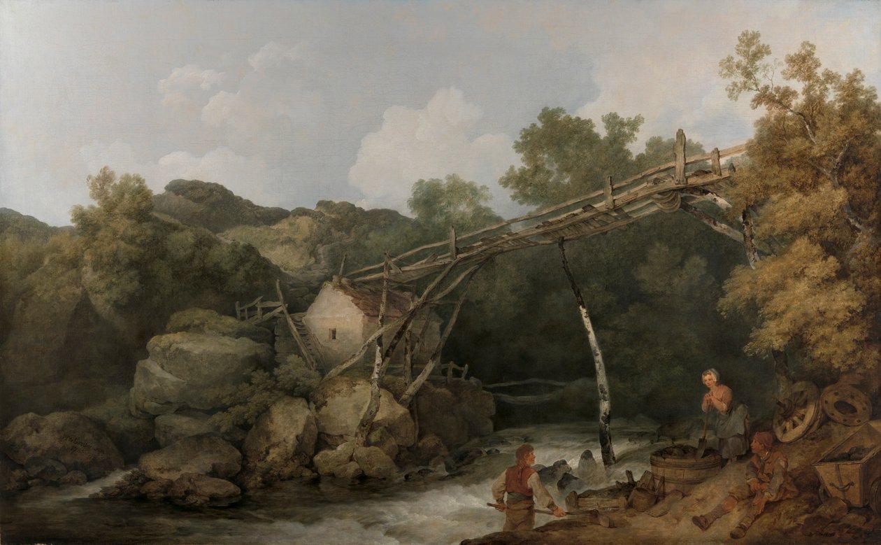 Kilátás Matlock közelében, Derbyshire államban, egy fából készült szállítószalag alatt dolgozó figurákkal alkotó: Philippe Jacques de Loutherbourg