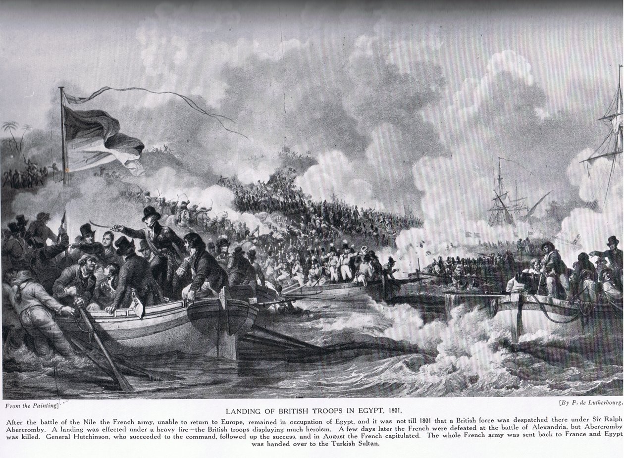 A brit csapatok partraszállása Egyiptomban 1801-ben, illusztráció a „Hutchinson